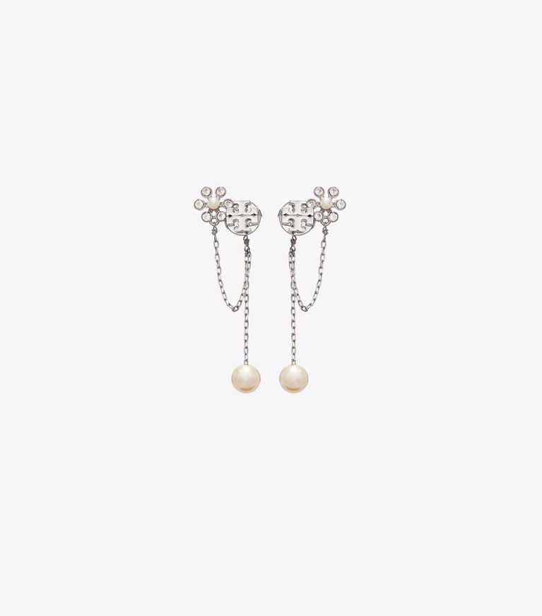 Tory Burch designer イヤリング＆ピアス ムーンダンス パール チェーン ピアス in Tory Silver / Cream front