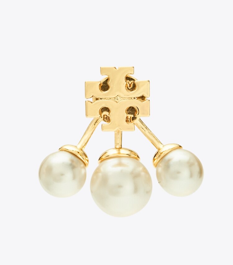 Tory Burch designer earrings Moondance Pearl Front-Back Earrings in Tory Gold / Cream detail