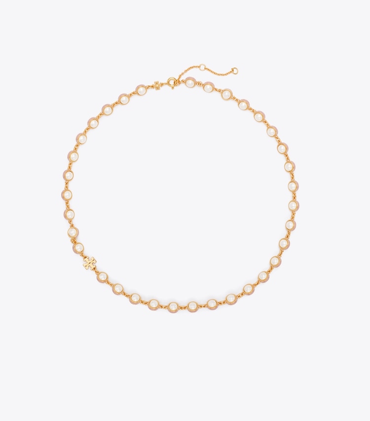 Tory Burch designer necklaces Moondance Pearl Necklace in Light Brass / Pearl / Pink front