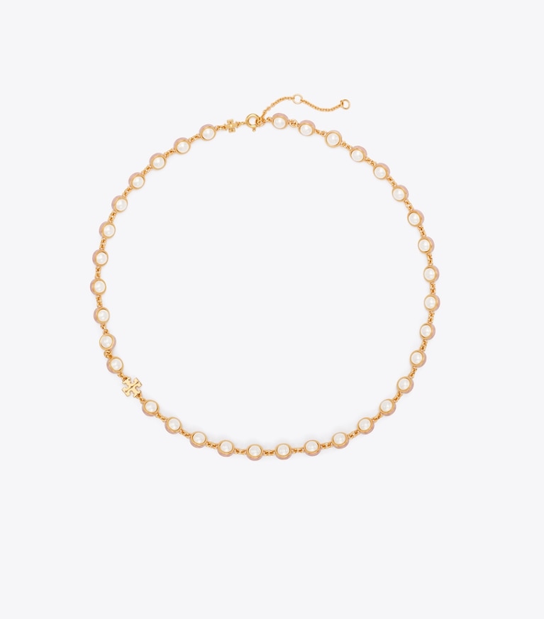 Tory Burch designer necklaces Moondance Pearl Necklace in Light Brass / Pearl / Pink front