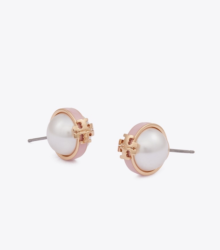 Tory Burch designer earrings Moondance Pearl Stud Earrings in Light Brass / Pearl / Pink detail