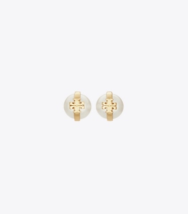 Tory Burch designer earrings Moondance Pearl Stud Earrings in Light Brass / Pearl front