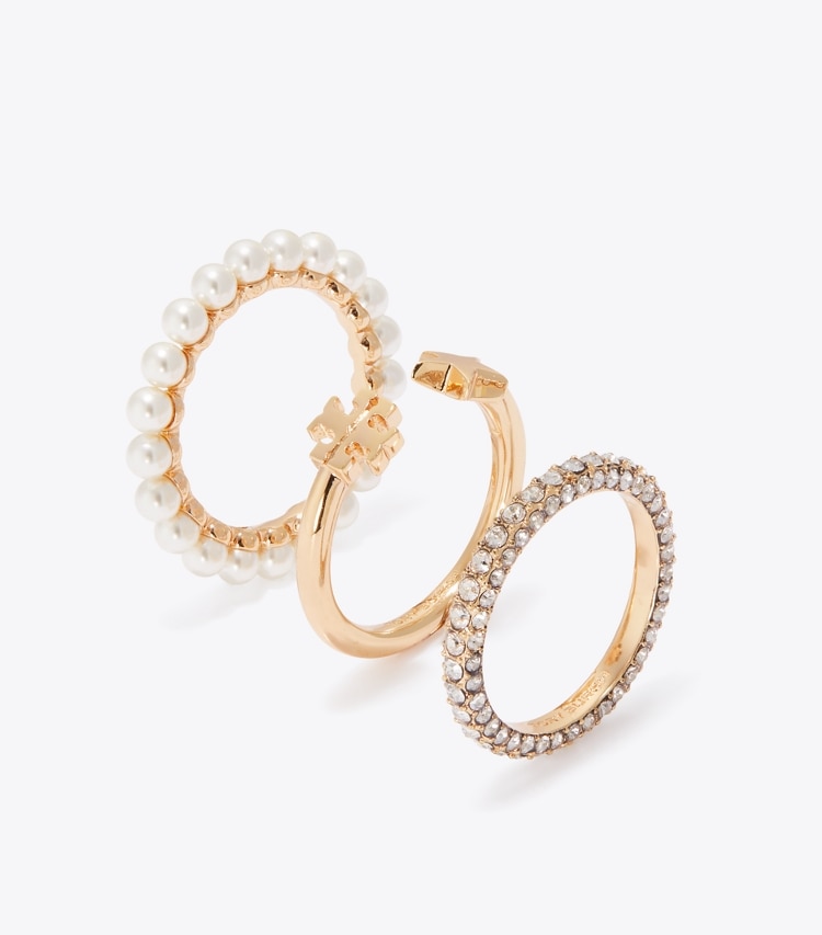Tory Burch designer rings Moondance Stacking Ring Set in Tory Gold / Cream / Crystal angle