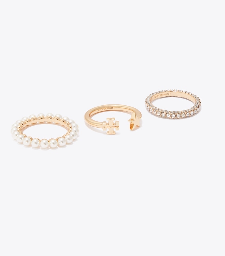 Tory Burch designer rings Moondance Stacking Ring Set in Tory Gold / Cream / Crystal detail