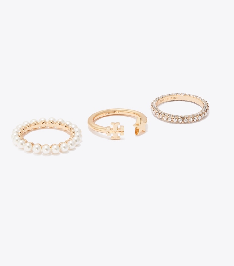 Tory Burch designer rings Moondance Stacking Ring Set in Tory Gold / Cream / Crystal detail