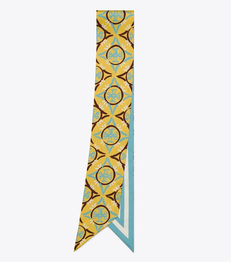 Tory Burch designer scarves Mosaic Monogram Double-Sided Silk Ribbon Tie  in Cornmeal folded