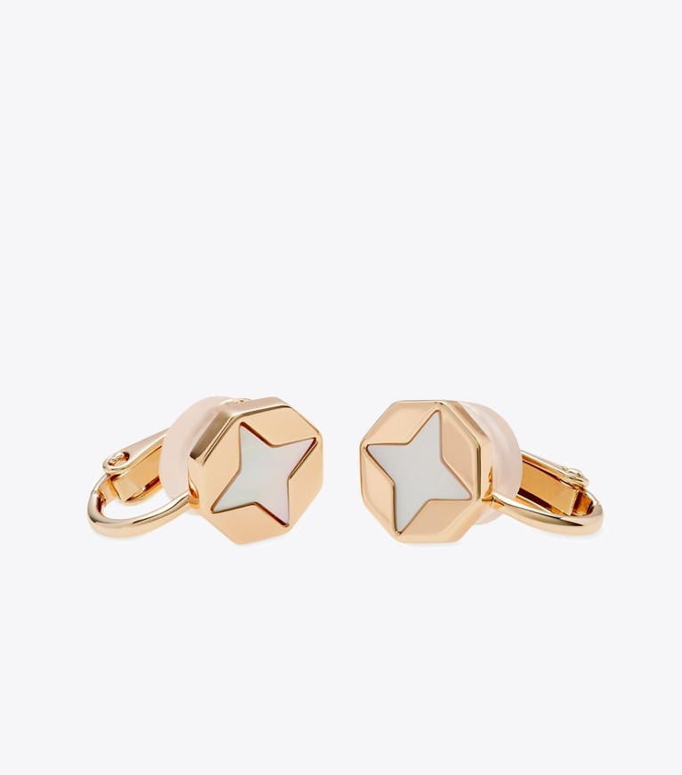 Tory Burch designer イヤリング＆ピアス マザーオブパール クリップオンイヤリング in Tory Gold / Mother of Pearl front