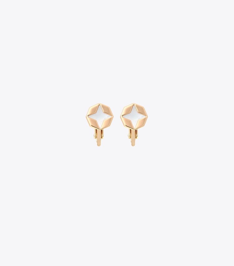 Tory Burch designer イヤリング＆ピアス マザーオブパール クリップオンイヤリング in Tory Gold / Mother of Pearl front