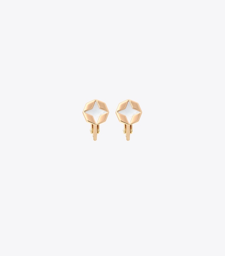 Tory Burch designer イヤリング＆ピアス マザーオブパール クリップオンイヤリング in Tory Gold / Mother of Pearl front