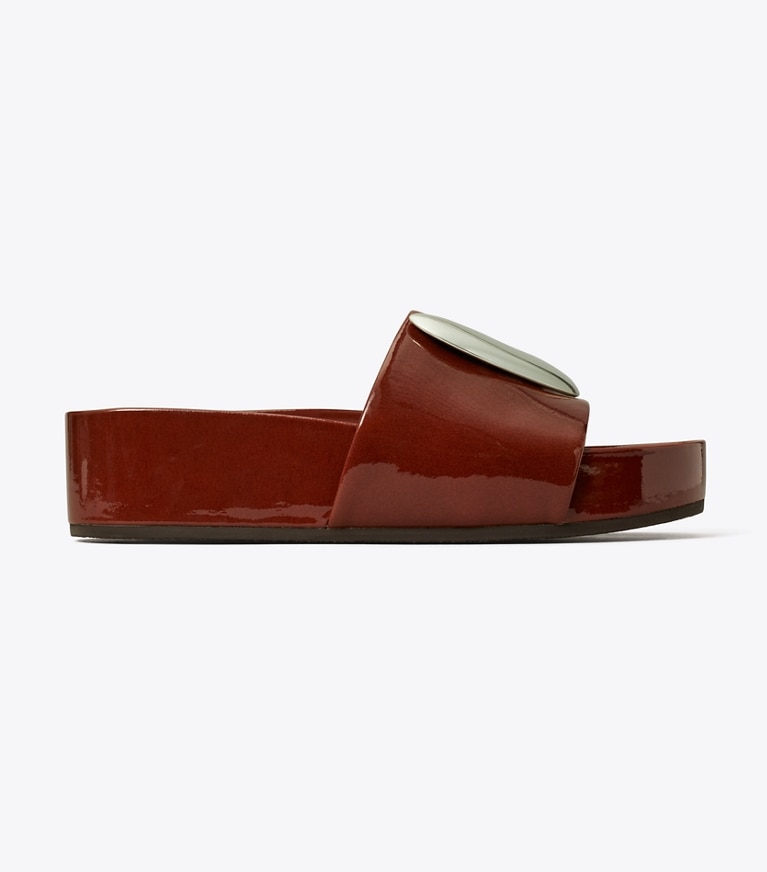 Tory Burch designer sandales Mule à plateforme Patos dans RUSSET BROWN / SILVER de côté