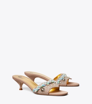 Tory Burch diseñador sandalias Mule con tacón de cuentas en BRONZE SUN ángulo