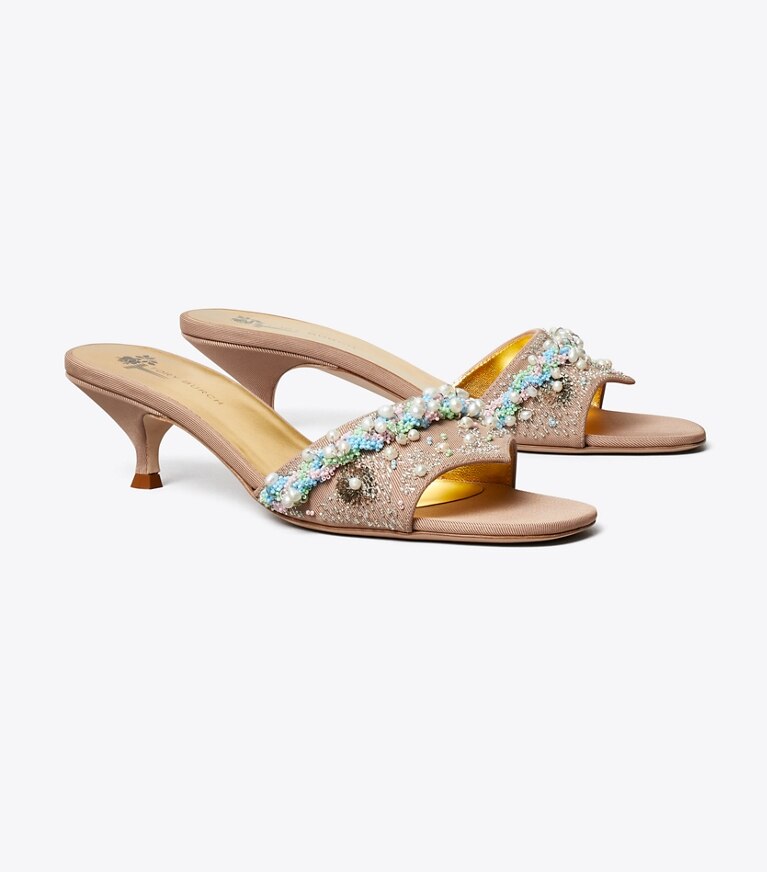 Tory Burch diseñador sandalias Mule con tacón de cuentas en BRONZE SUN ángulo