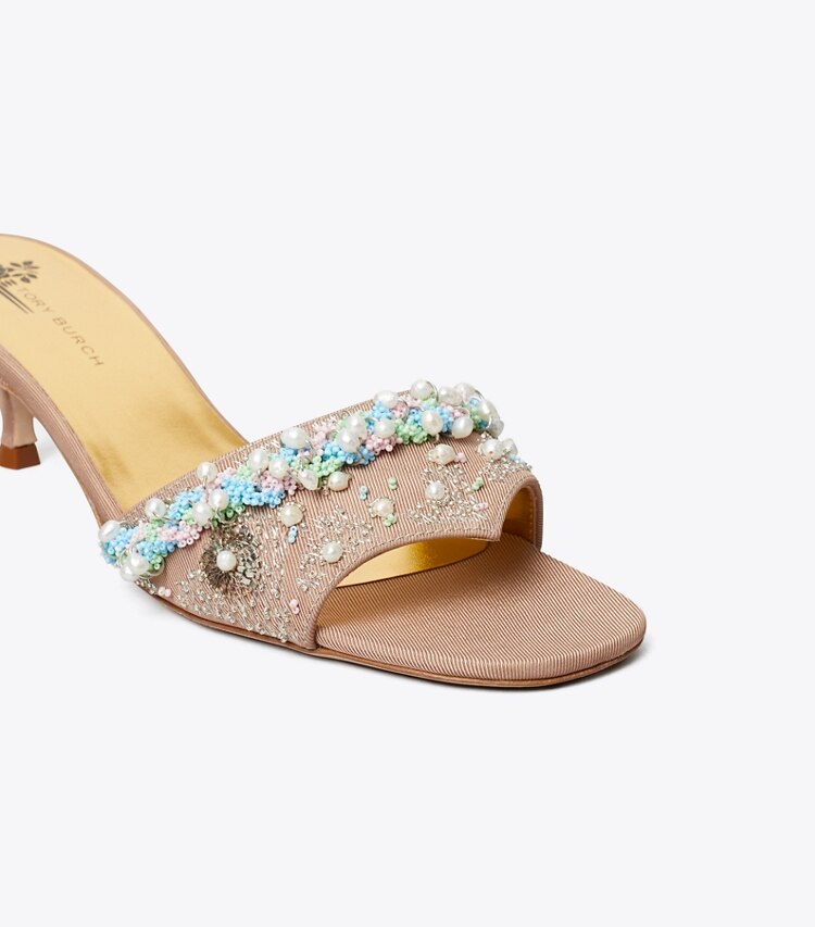 Tory Burch diseñador sandalias Mule con tacón de cuentas en BRONZE SUN detalle