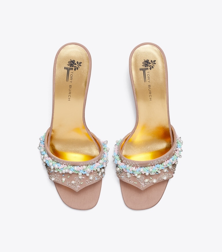 Tory Burch diseñador sandalias Mule con tacón de cuentas en BRONZE SUN vista superior
