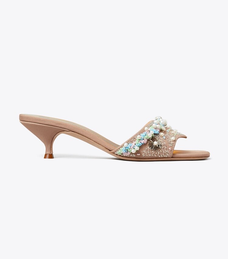Tory Burch diseñador sandalias Mule con tacón de cuentas en BRONZE SUN lateral