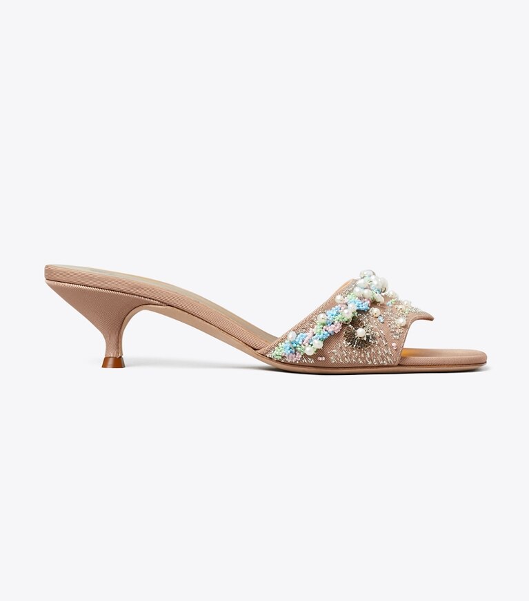 Tory Burch diseñador sandalias Mule con tacón de cuentas en BRONZE SUN lateral