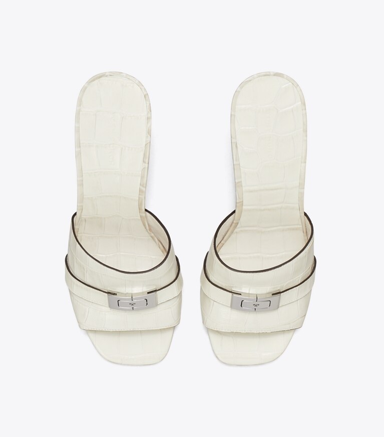 Tory Burch designer sandali Mule con tacco LeeLee in WHITE DOVE / LIGHT FOSSIL superiore