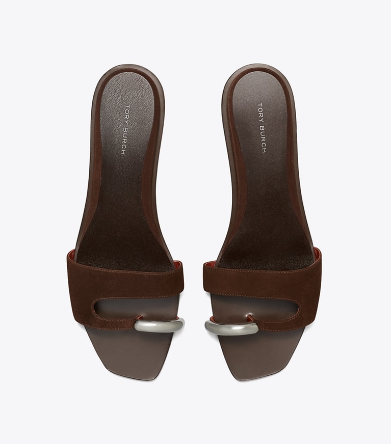 Tory Burch designer sandales Mule Pierced dans DARK COCOA / SILVER vue du dessus