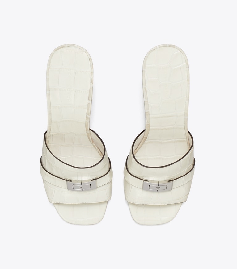 Tory Burch designer sandales Mules à talon LeeLee in WHITE DOVE / LIGHT FOSSIL dessus