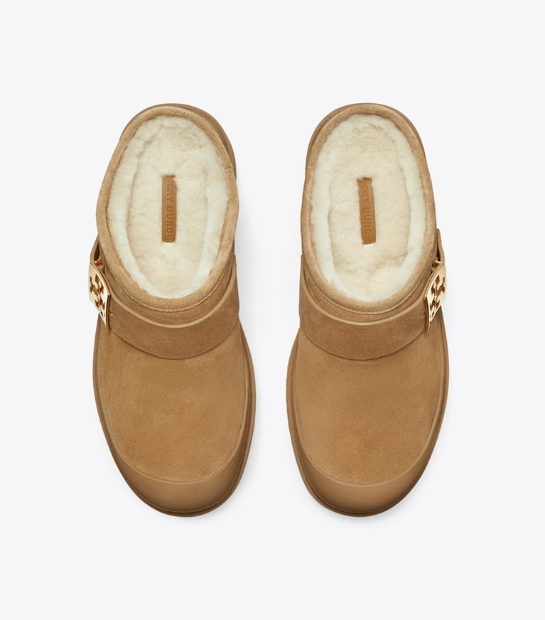 Tory Burch diseñador zapatos planos Mules de plataforma de borreguillo Mellow en CHESTNUT / GOLD desde arriba