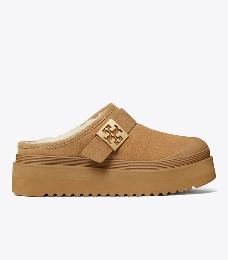 Tory Burch diseñador zapatos planos Mules de plataforma de borreguillo Mellow en CHESTNUT / GOLD lateral
