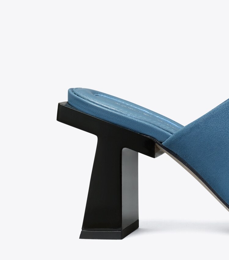 Tory Burch diseñador sandalias Mules de tacón Block T en TEAL BREEZE / TEAL BREEZE detalle