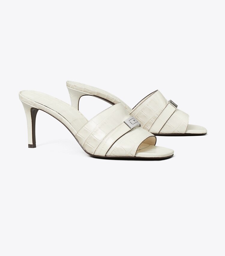 Tory Burch diseñador sandalias Mules de tacón LeeLee en WHITE DOVE / LIGHT FOSSIL ángulo