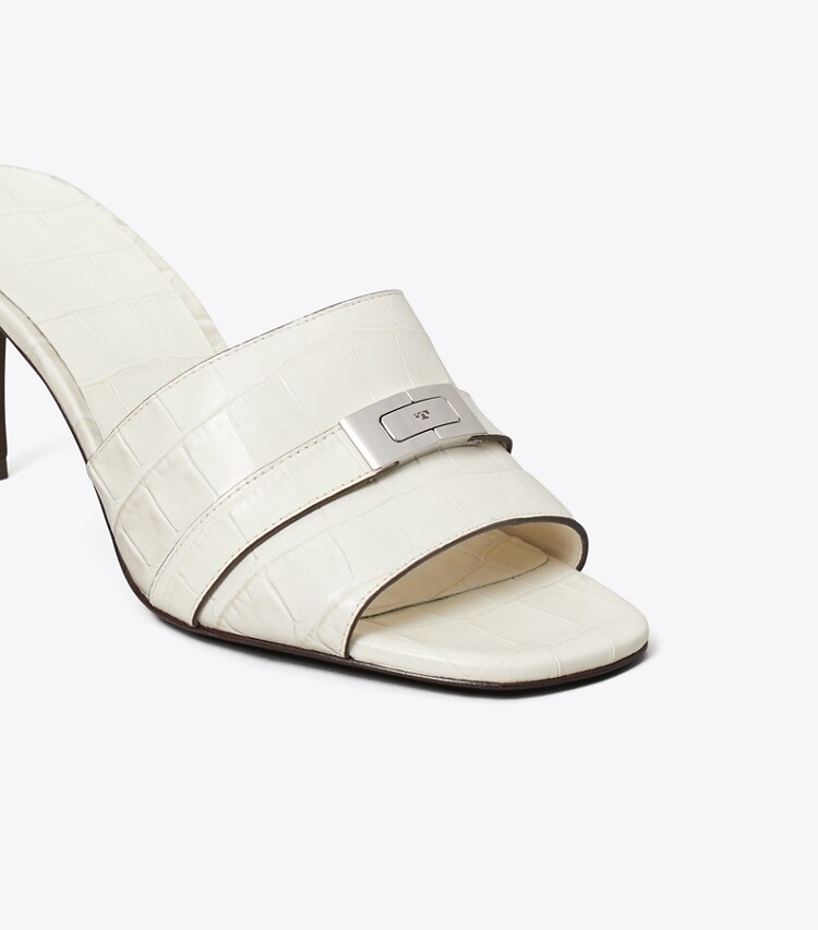 Tory Burch diseñador sandalias Mules de tacón LeeLee en WHITE DOVE / LIGHT FOSSIL detalle