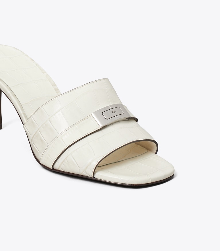 Tory Burch diseñador sandalias Mules de tacón LeeLee en WHITE DOVE / LIGHT FOSSIL detalle