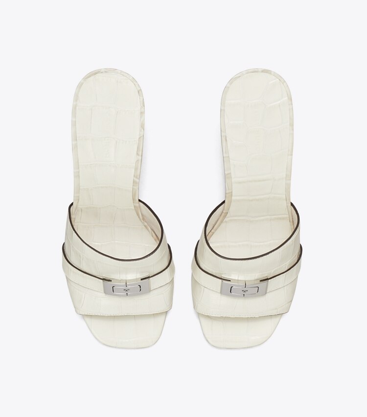 Tory Burch diseñador sandalias Mules de tacón LeeLee en WHITE DOVE / LIGHT FOSSIL desde arriba