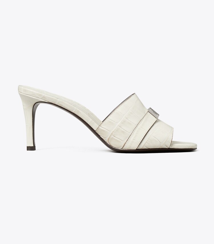 Tory Burch diseñador sandalias Mules de tacón LeeLee en WHITE DOVE / LIGHT FOSSIL lateral