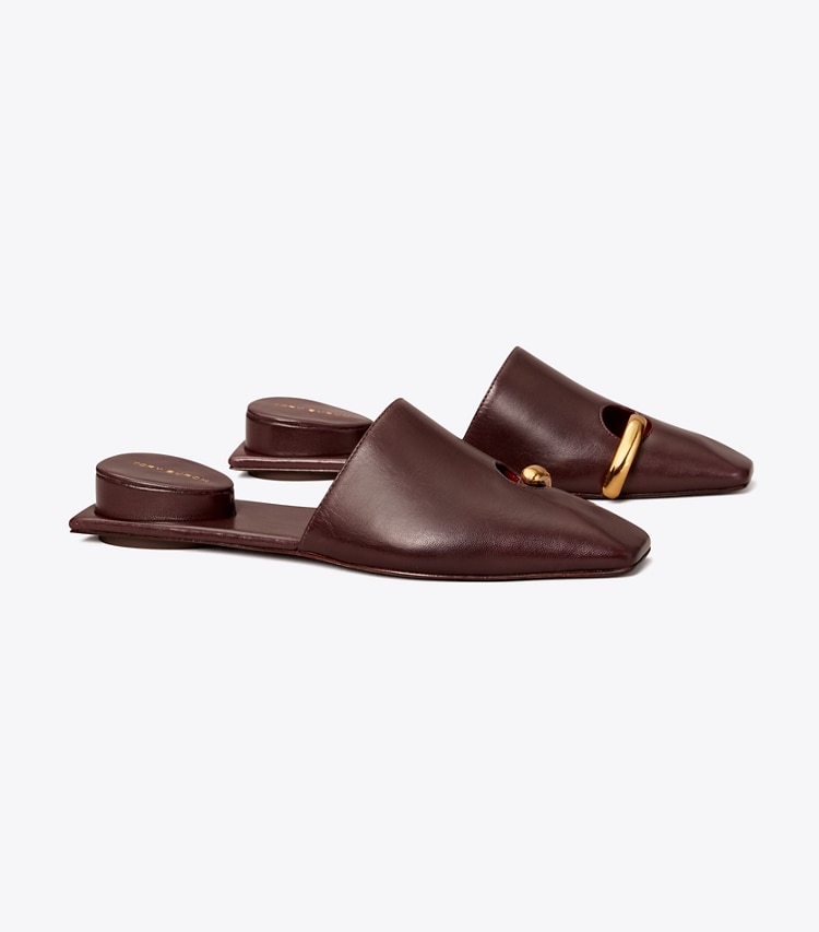 Tory Burch designer mocassins Mules effet piercing in PLUM / GOLD angle