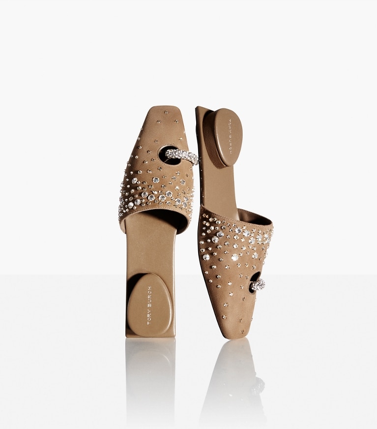 Tory Burch designer mocassins Mules effet piercing pavées de cristaux in RIVER ROCK / CRYSTAL angle