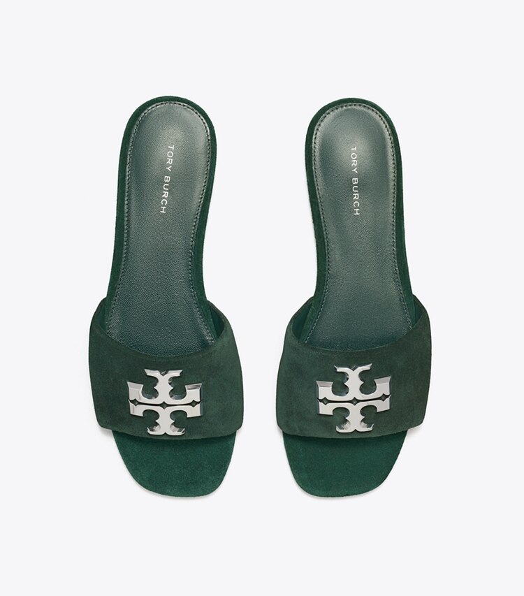 Tory Burch designer sandales Mules Eleanor in WARM TEAL / SILVER dessus