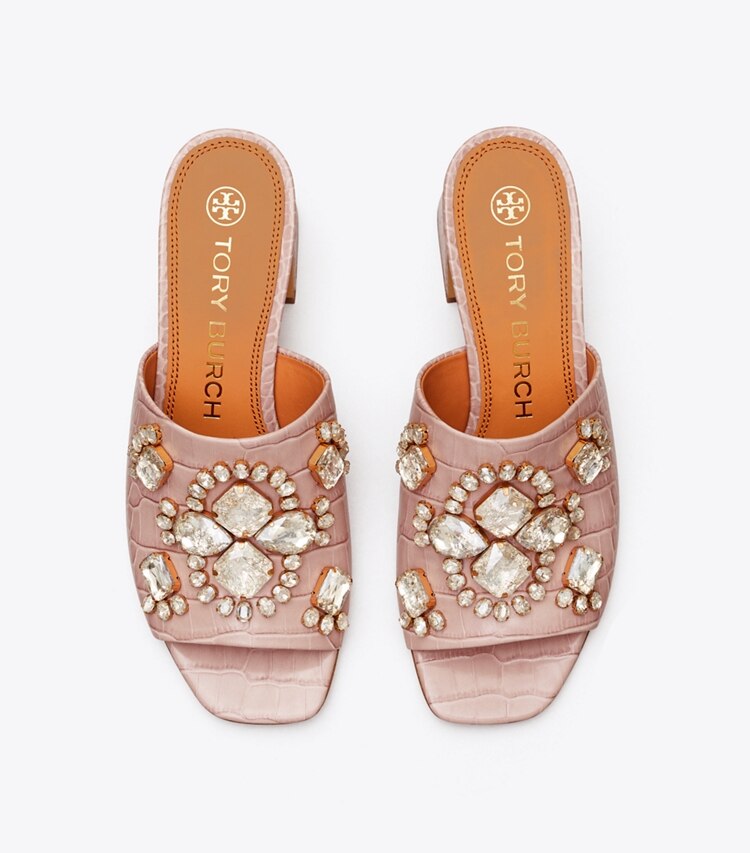 Tory Burch designer sandales Mules Martine en cuir embossé à talon mi-haut in Pink Praline/Crystal Honey dessus