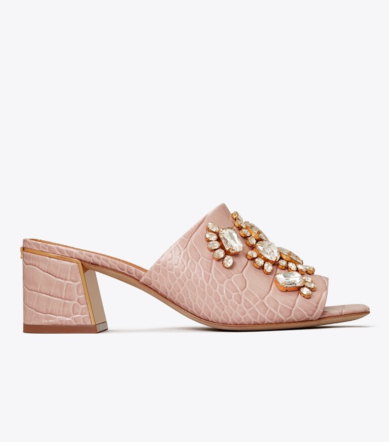 Tory Burch designer sandales Mules Martine en cuir embossé à talon mi-haut in Pink Praline/Crystal Honey angle