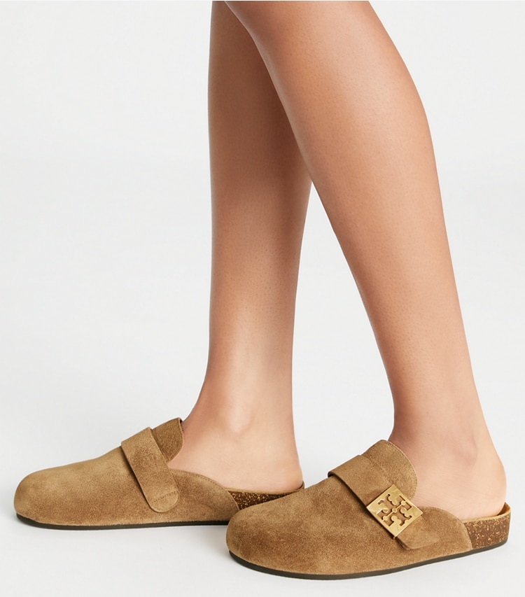 Tory Burch designer mocassins Mules Mellow in RIVER ROCK / GOLD accessory on model
