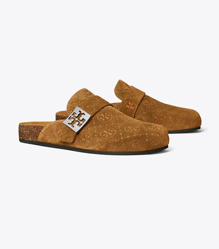 Tory Burch diseñador zapatos planos Mules Mellow con monograma de T en GOLDEN BROWN / SILVER ángulo