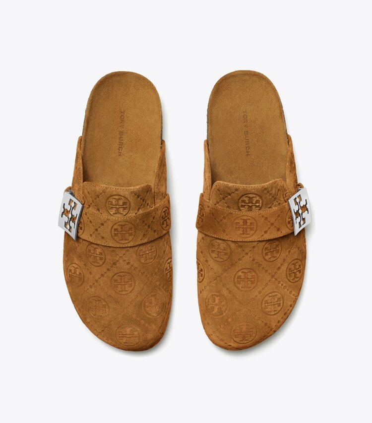 Tory Burch diseñador zapatos planos Mules Mellow con monograma de T en GOLDEN BROWN / SILVER desde arriba
