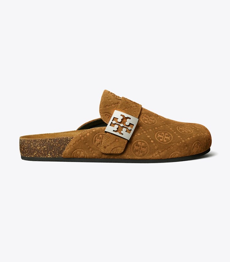Tory Burch diseñador zapatos planos Mules Mellow con monograma de T en GOLDEN BROWN / SILVER lateral