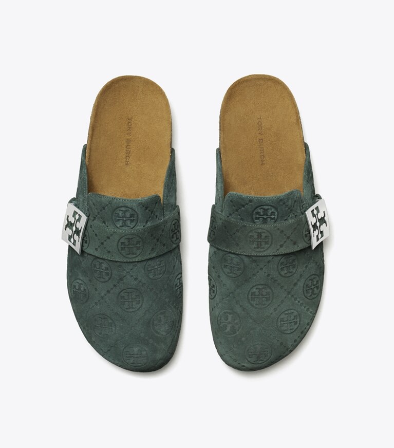 Tory Burch designer mocassins Mules Mellow T Monogram in WARM TEAL / SILVER angle