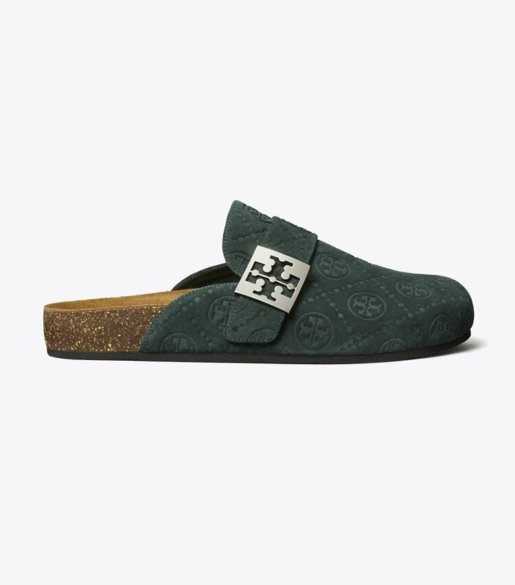 Tory Burch designer mocassins Mules Mellow T Monogram in WARM TEAL / SILVER side