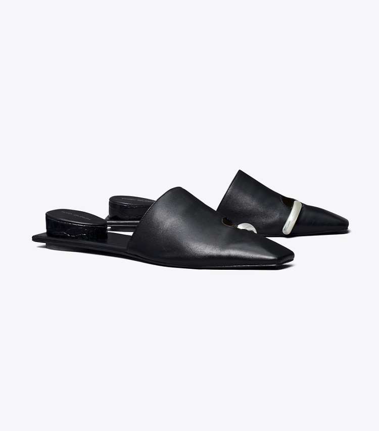 Tory Burch diseñador zapatos planos Mules Pierced en PERFECT BLACK / SILVER ángulo