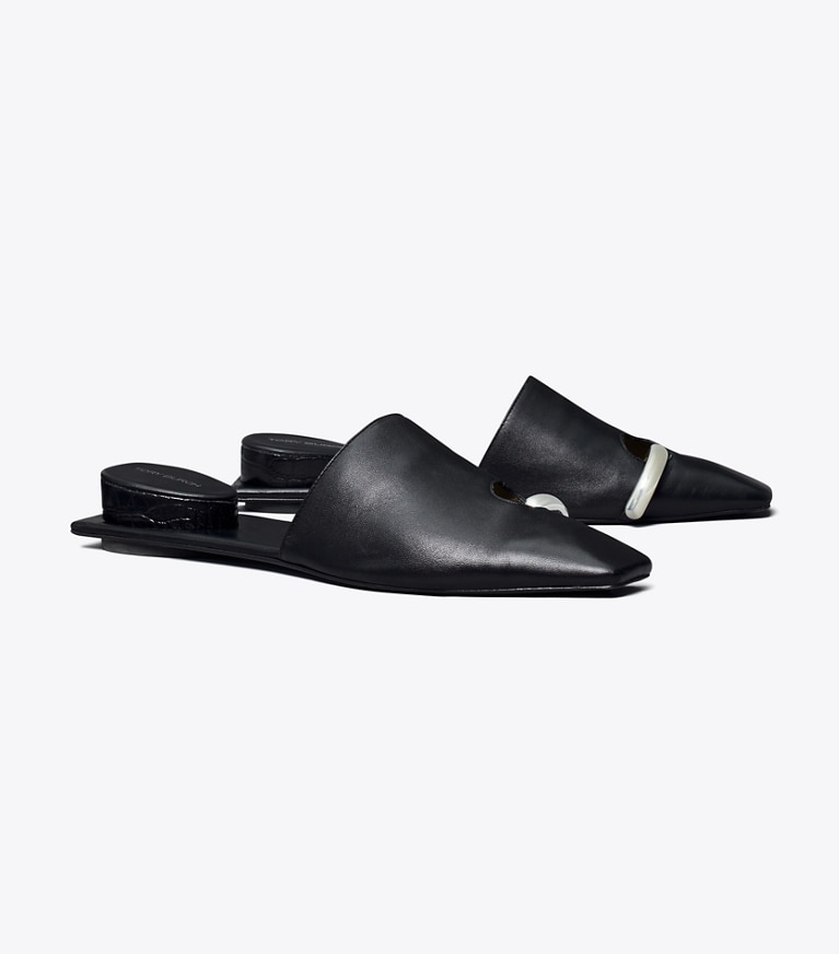 Tory Burch diseñador zapatos planos Mules Pierced en PERFECT BLACK / SILVER ángulo