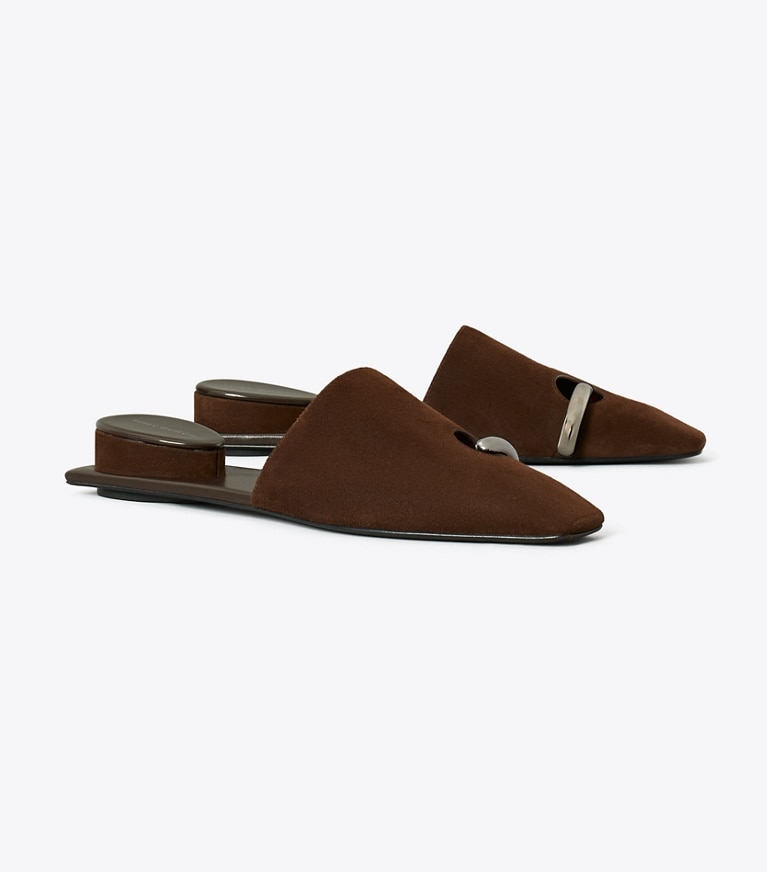 Tory Burch diseñador zapatos planos Mules Pierced en Dark Cocoa / Silver ángulo