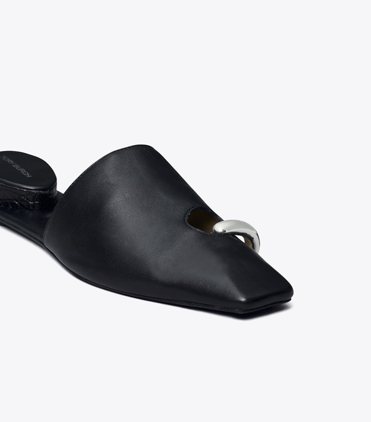 Tory Burch diseñador zapatos planos Mules Pierced en PERFECT BLACK / SILVER detalle