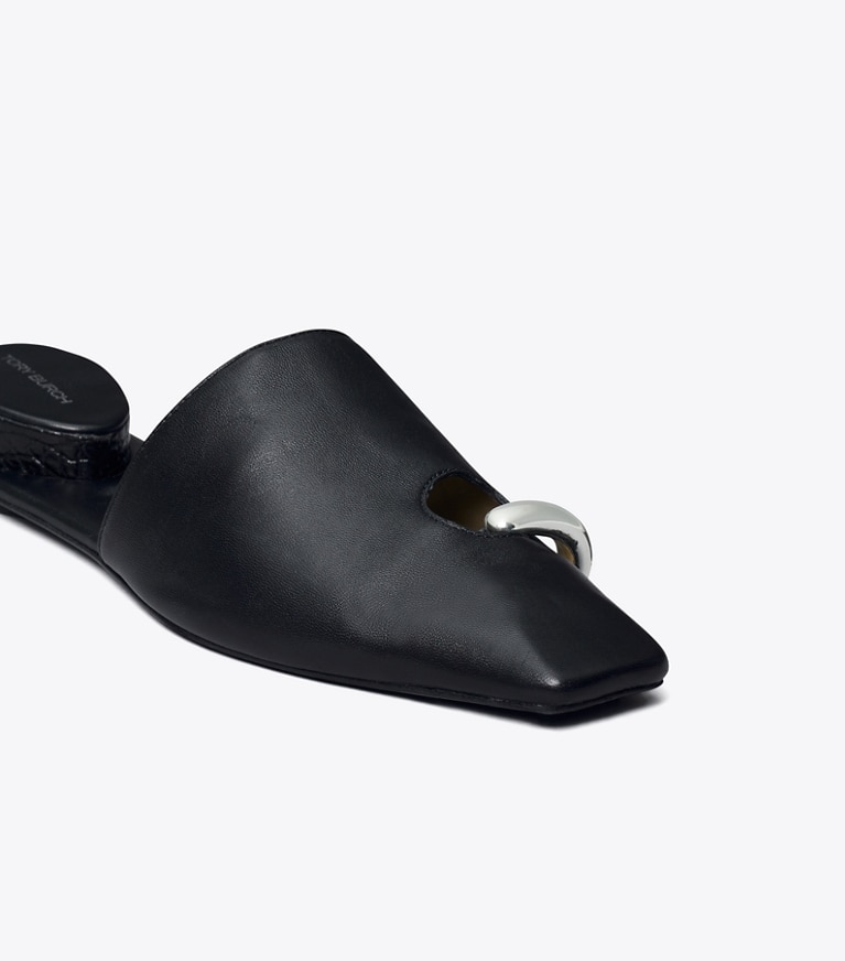 Tory Burch diseñador zapatos planos Mules Pierced en PERFECT BLACK / SILVER detalle