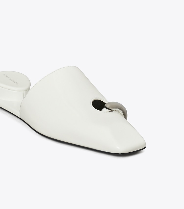 Tory Burch diseñador zapatos planos Mules Pierced en WHITE / SILVER detalle