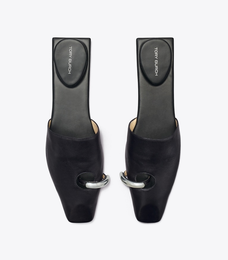 Tory Burch diseñador zapatos planos Mules Pierced en PERFECT BLACK / SILVER desde arriba
