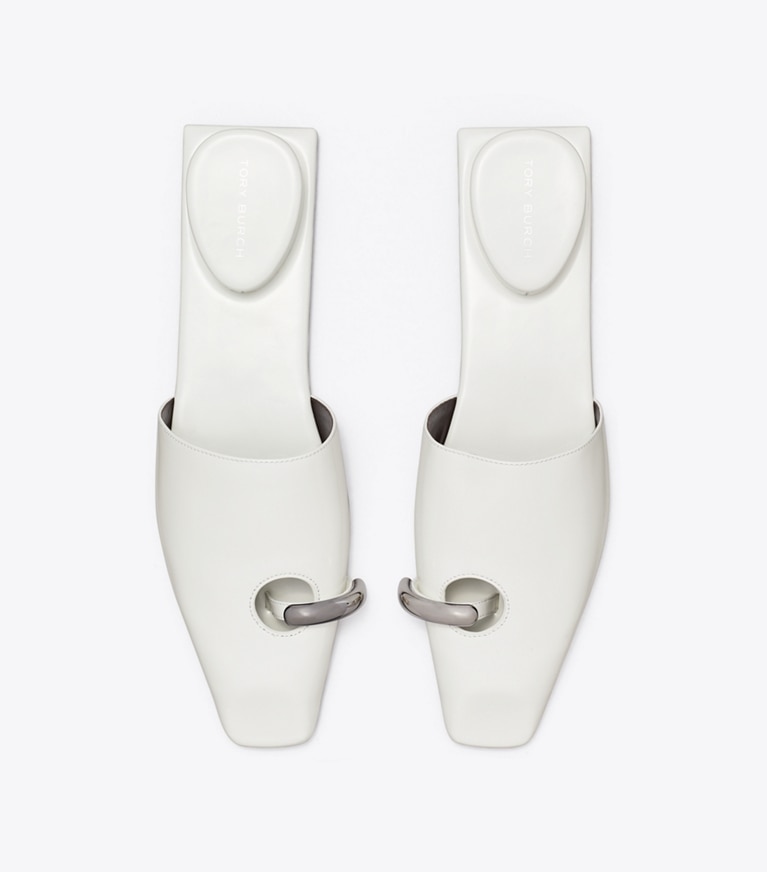 Tory Burch diseñador zapatos planos Mules Pierced en WHITE / SILVER desde arriba